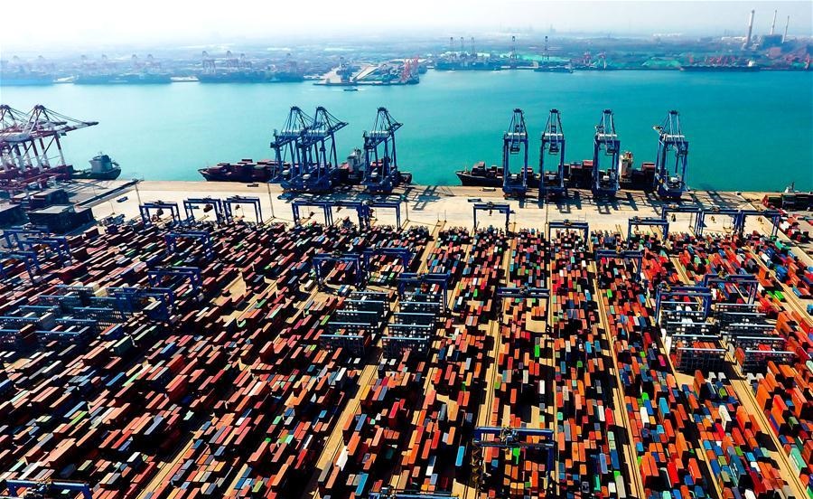 Aerial photo taken on May 4 2018 shows an automatic container dock in Qingdao Shandong Province