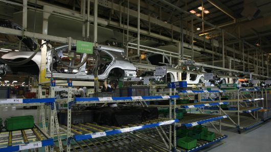 A Toyota car assembly manufacturing line at Tianjin FAW Toyota Factory in Tianjin China