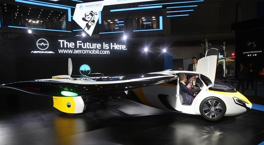 Photo taken on Nov. 5 2018 shows flying car developed by AeroMobil at the first China International Import Expo in Shanghai