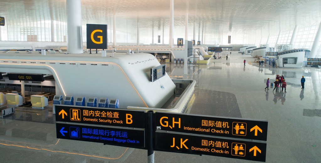 View of check in counters at the Terminal 3 building at Wuhan Tianhe International Airport in Wuhan
