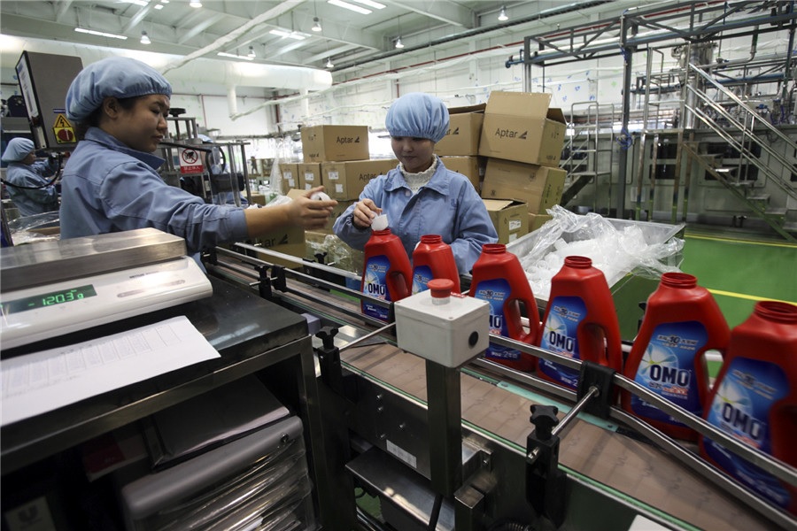 Employees of Unilever a London based daily necessities producer work at one of its facilities in Tianjin