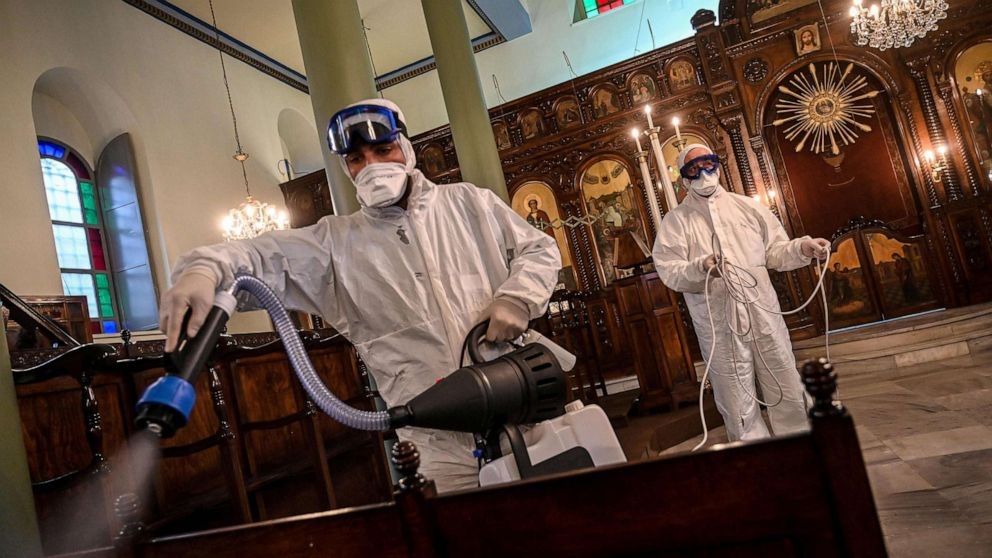 Workers of Istanbuls Metropolitan Municipality disinfect the Panagia Altimermer Orthodox Greek Church in Istanbul