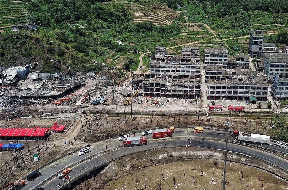 A aerial view of the site on Sunday where a tank truck blast killed at least 19 in Zhejiang Province