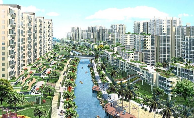 An artists impression of Punggol Eco Town which incorporates HDB flats with green technology such as solar panels