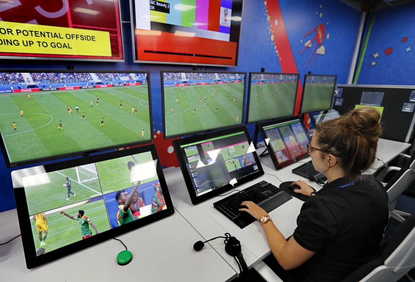 A view of the video assistant refereeing VAR operation room of the 2018 World Cup International Broadcast Centre IBC in Moscow Russia