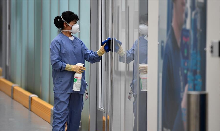 A staff member conducts disinfection operation in Novo Nordisk China Pharmaceutical Co. Ltd. in Tianjin